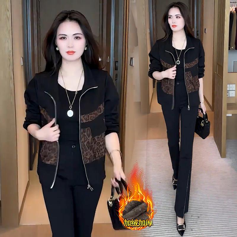 推荐时尚加绒加厚短款外套女士秋冬新款拼接豹纹休闲夹克气质显瘦