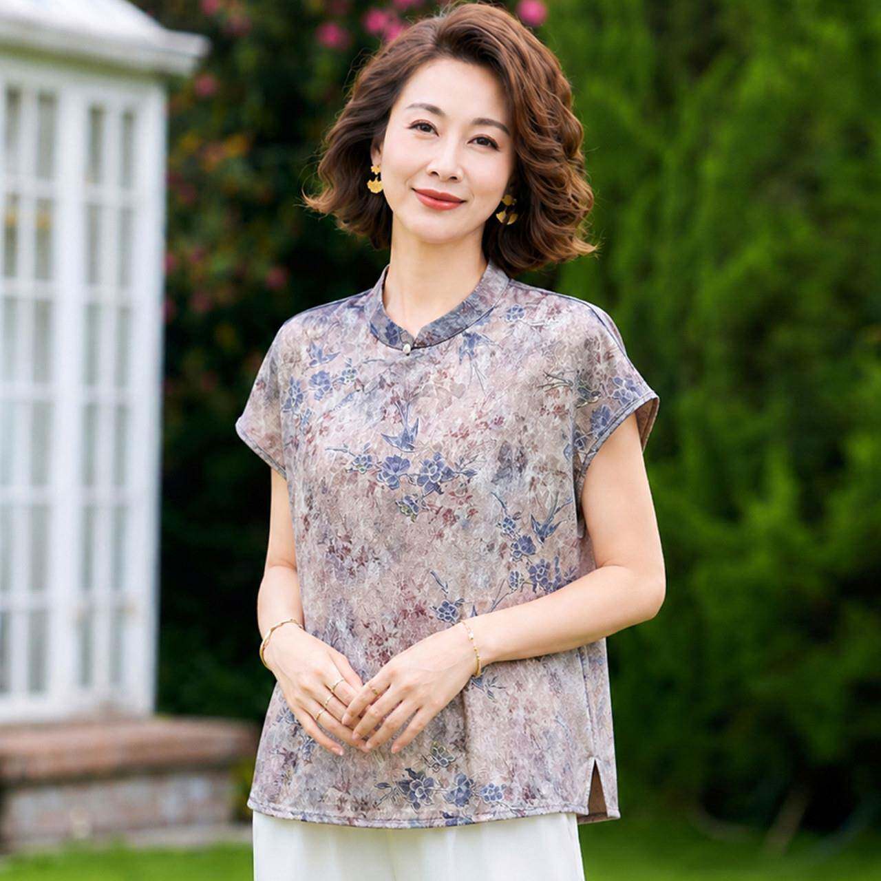 推荐2026中老年国风妈妈装立领短袖碎花上衣女宽松显瘦中老年时尚