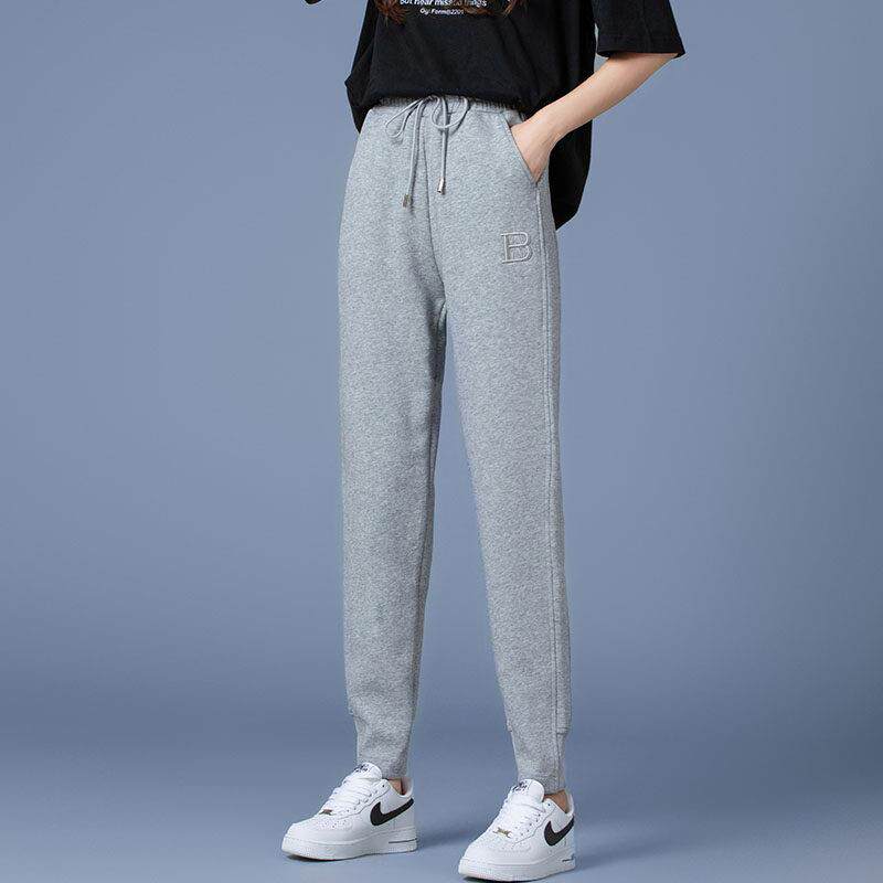 推荐胖mm灰色绣花运动裤女2026春秋新款大码宽松显瘦休闲束脚哈伦