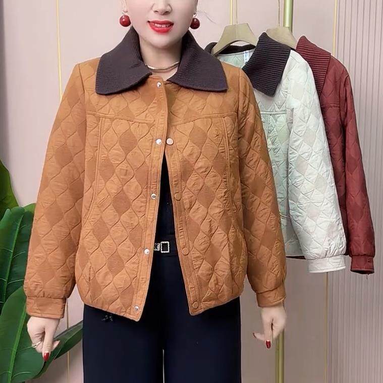 推荐早春新款菱形格拼接翻领轻薄棉服女宽松保暖外套休闲中老年女