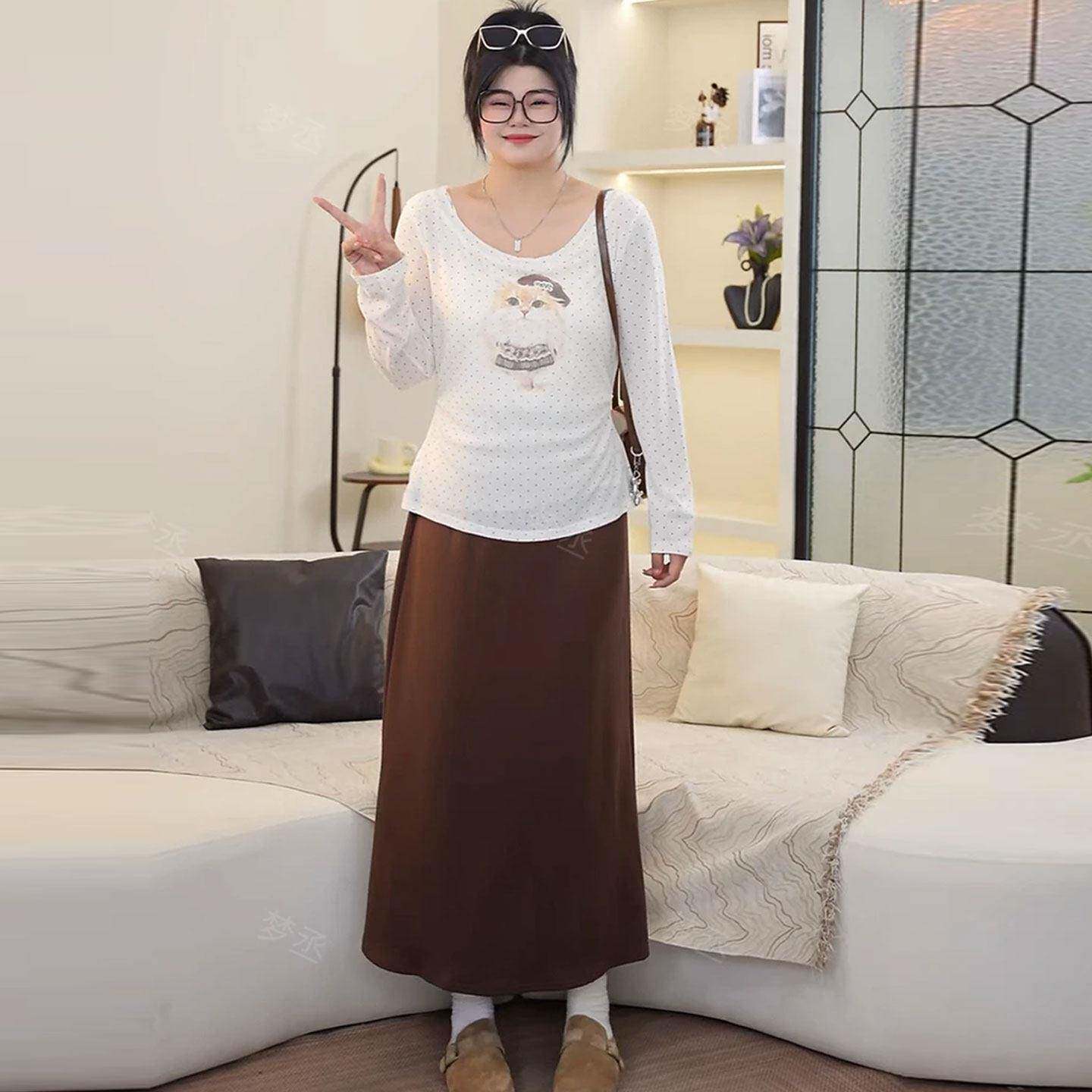 推荐大码辣妹风波点长袖T恤女秋季胖mm猫咪印花修身显瘦设计感上