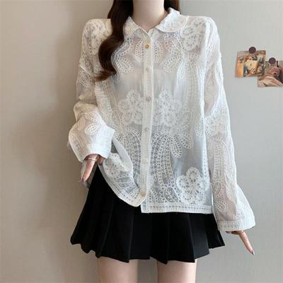 新品蕾丝刺绣长袖白色衬衫