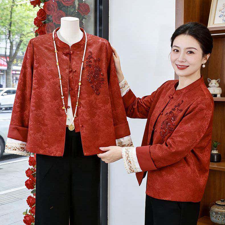 推荐中年妈妈秋装新中式外套中老年女装春秋刺绣开衫上衣喜婆婆婚