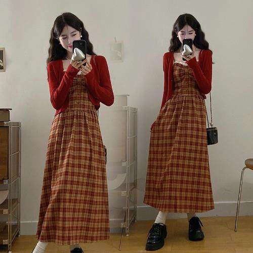 新品大码女装2025早秋超火搭配一整套美拉德格子吊带裙外搭开衫两