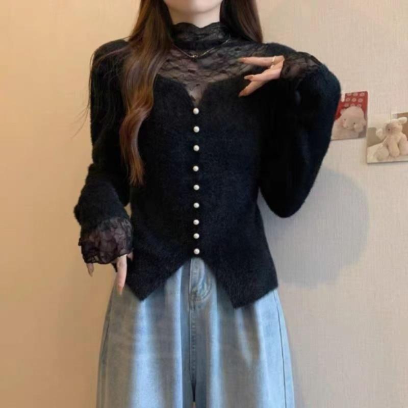 推荐半高领蕾丝拼接打底衫女士针织上衣秋冬新款气质长袖套头内搭