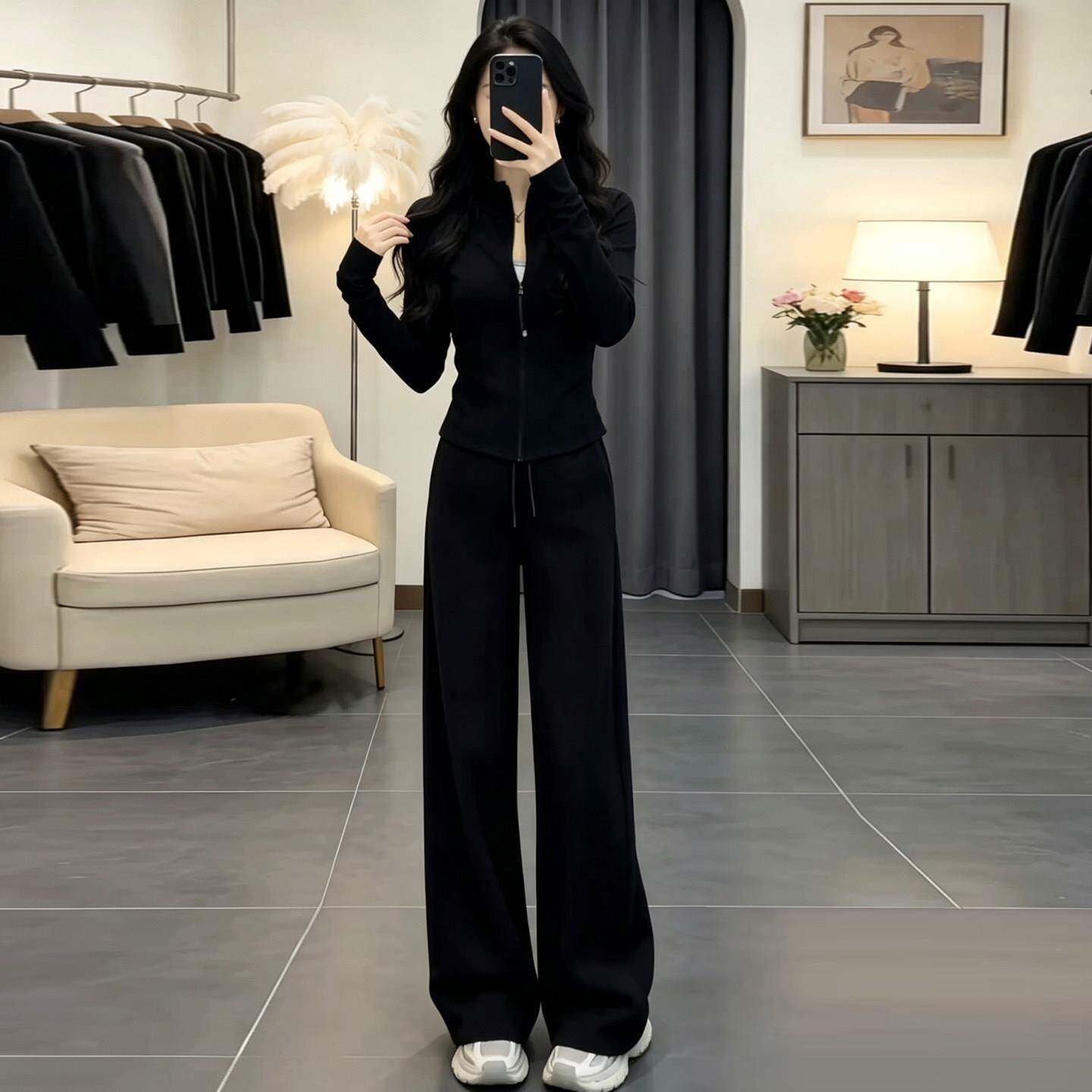 推荐时尚休闲套装女2026秋季新款修身显瘦立领拉链短外套阔腿裤两