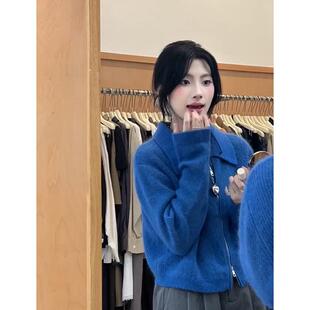 新品韩系克莱因蓝色拉链翻领毛衣外套女秋冬季加厚高级感软糯针织