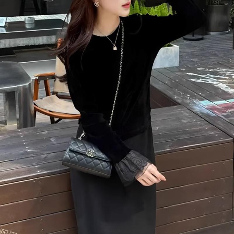 推荐大码女装高级感黑色丝绒刺绣长袖上衣秋季新款胖mm显瘦内搭打