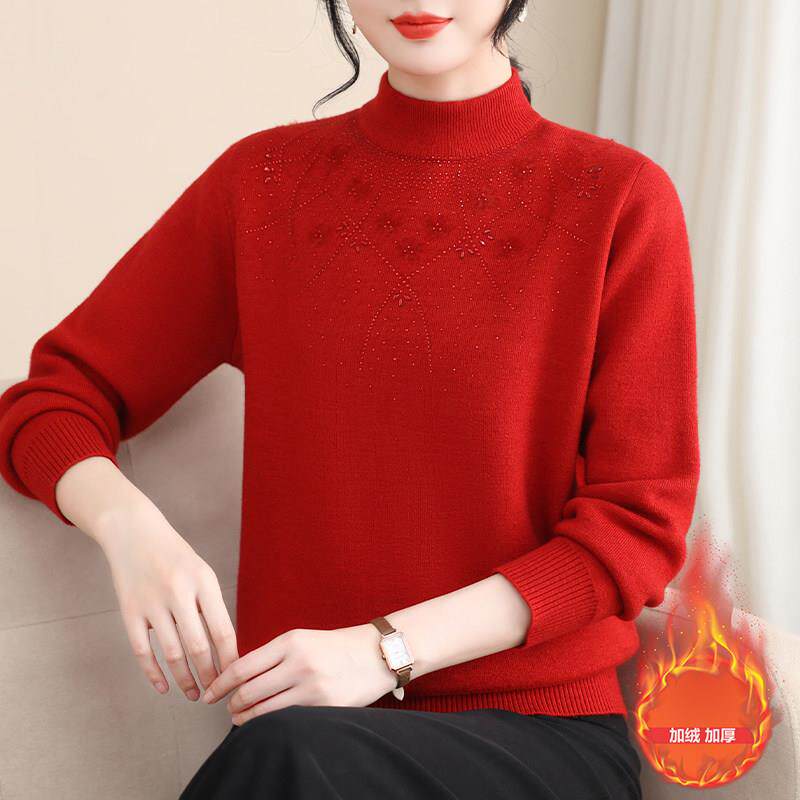 推荐胖妈妈冬装新款加绒加厚毛衣大码打底衫中老年人女保暖内搭上