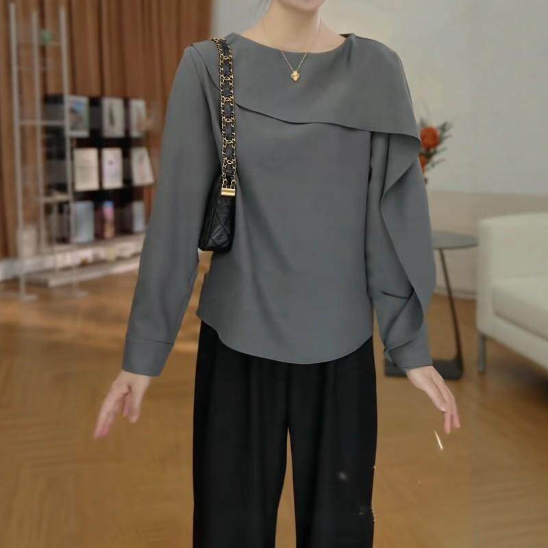 新品法式荷叶领灰色长袖衬衫女早秋大码微胖mm宽松设计感休闲独特
