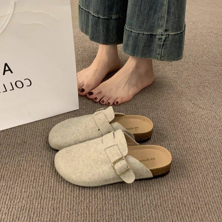 推荐复古文艺风休闲厚底包头半拖鞋女外穿一脚蹬乐福鞋红色毛毡博
