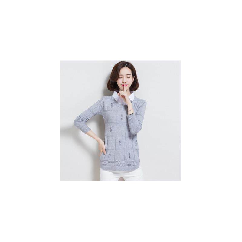 新品秋装女士上衣新款大码女装韩版衬衣领中长款假两件打底针织衫