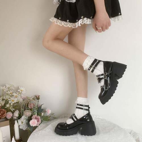 推荐摇滚辣妹小个子高跟增高朋克暗黑JK制服玛丽珍厚底小皮鞋女LO