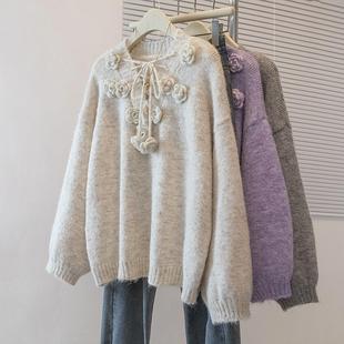 新品2025新款爆款立体花朵紫色毛针织衫大码女装秋冬宽松慵懒毛衣