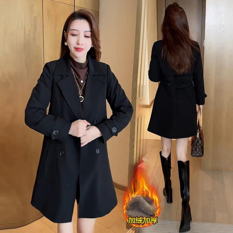 推荐加绒加厚风衣外套女秋冬季新款小个子气质西装领双排扣显瘦大
