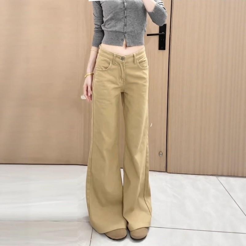 推荐美式复古微喇叭牛仔裤女秋季大码胖MM低腰宽松卡其色窄版阔腿