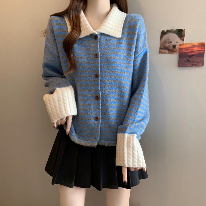 推荐小香风翻领条纹针织开