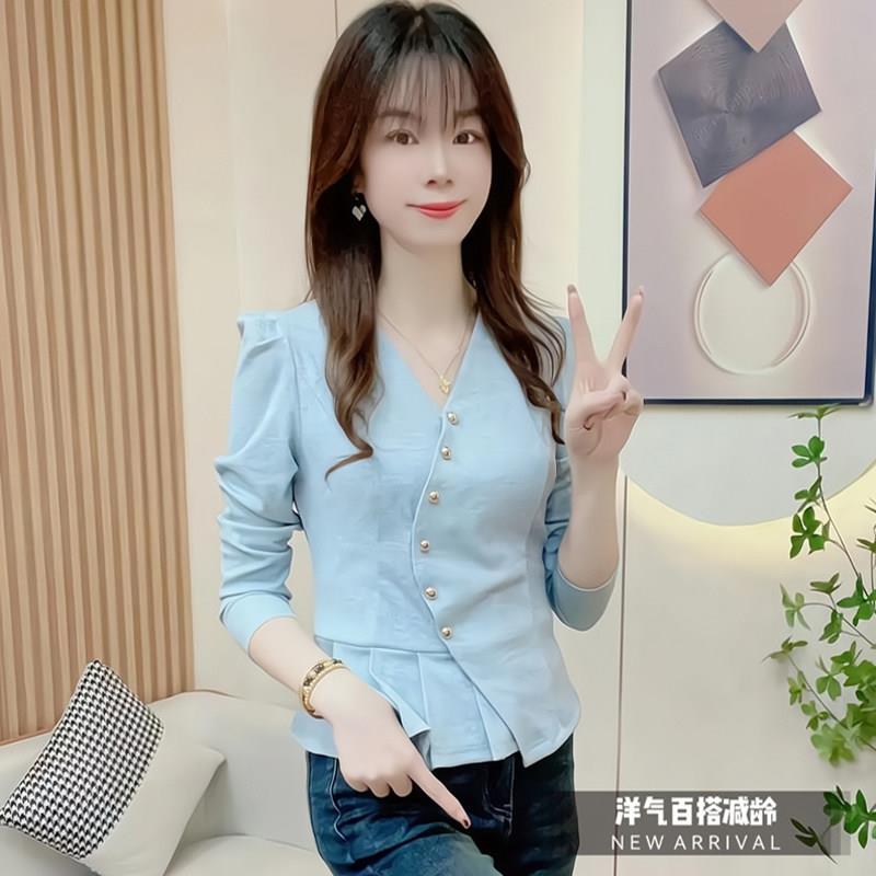 推荐法式V领长袖衬衫女士春秋新款收腰显瘦打底衫小个子洋气短款