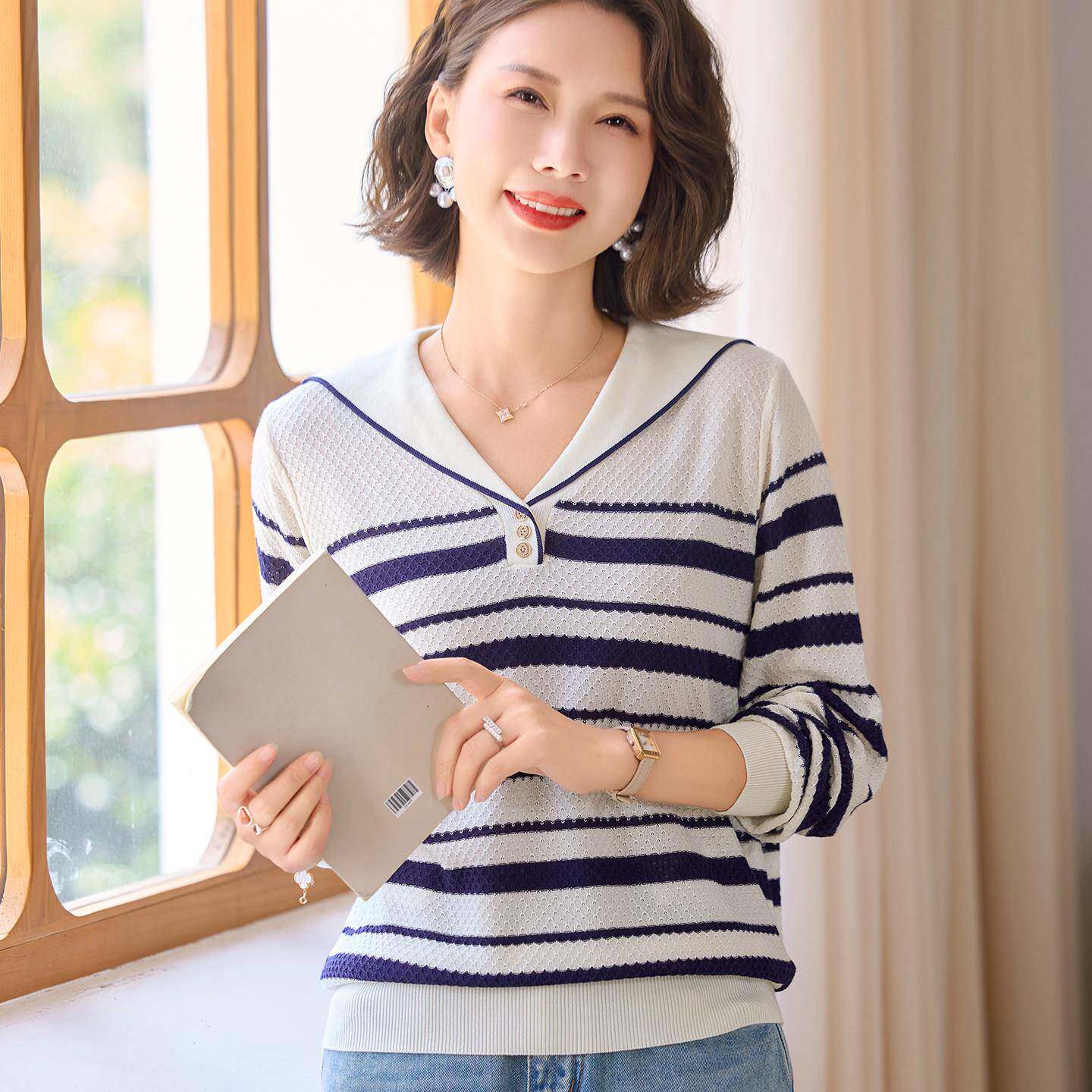 推荐洋气妈妈春季针织小衫套装2026新款中老年女海军领条纹长袖打