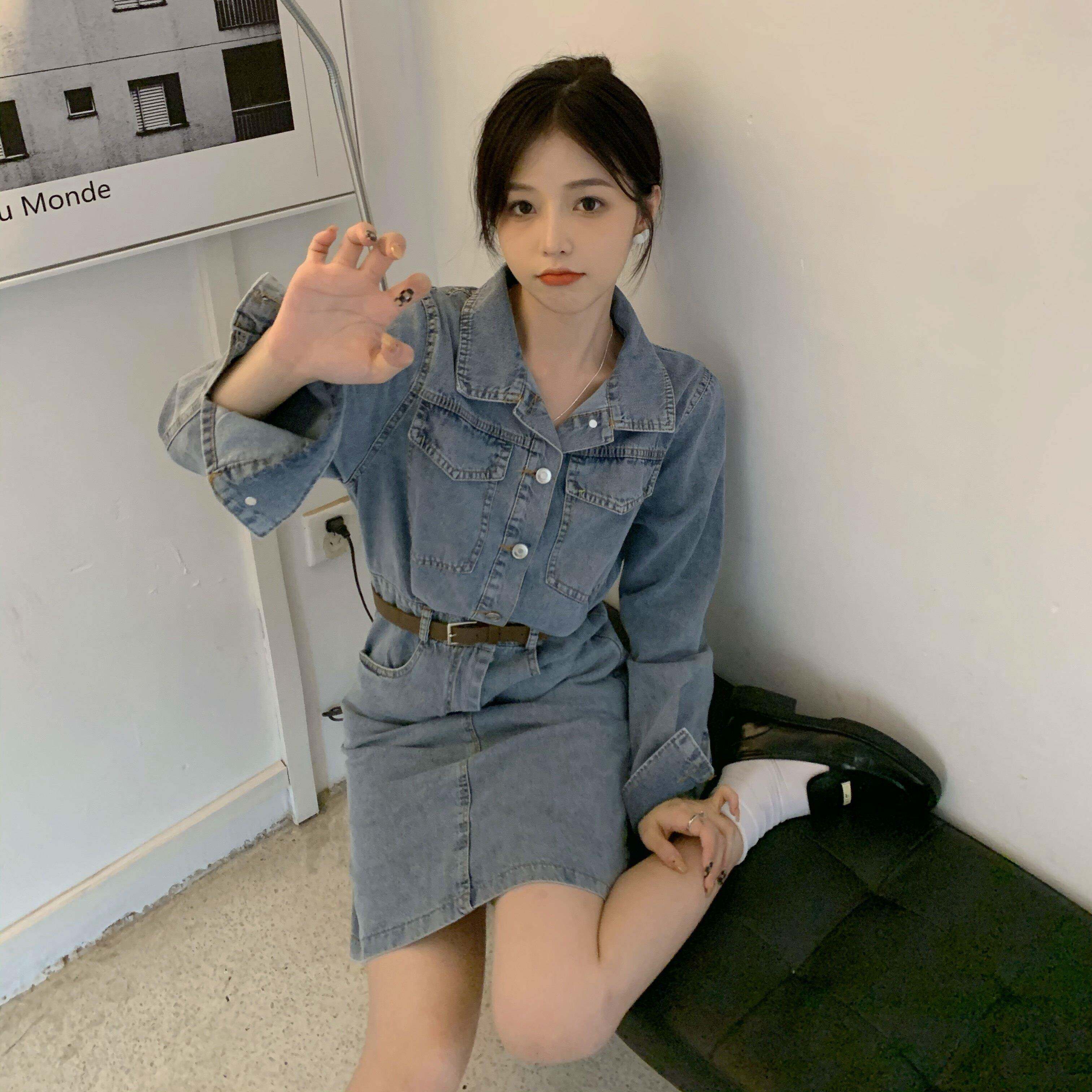 推荐小个子牛仔连衣裙女秋季穿搭收腰连体裙复古气质长袖polo领套