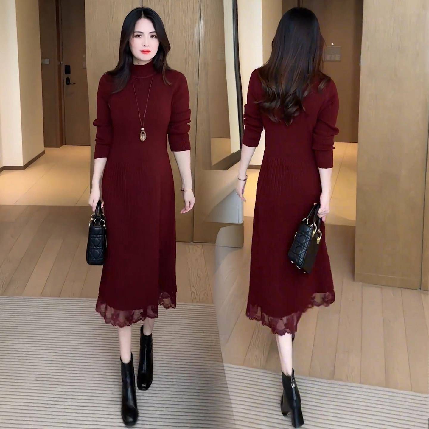 推荐时尚针织连衣裙女秋冬新款显瘦蕾丝拼接中长款半高领毛衣打底