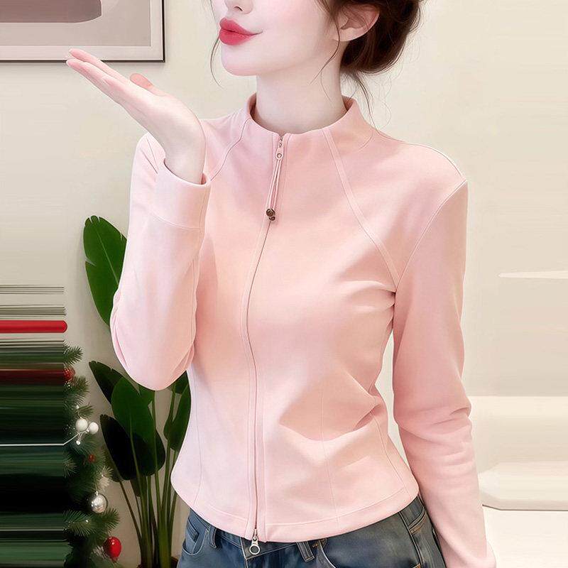 推荐粉色双拉链立领短款外套女2026秋季新款修身显瘦收腰外套长袖
