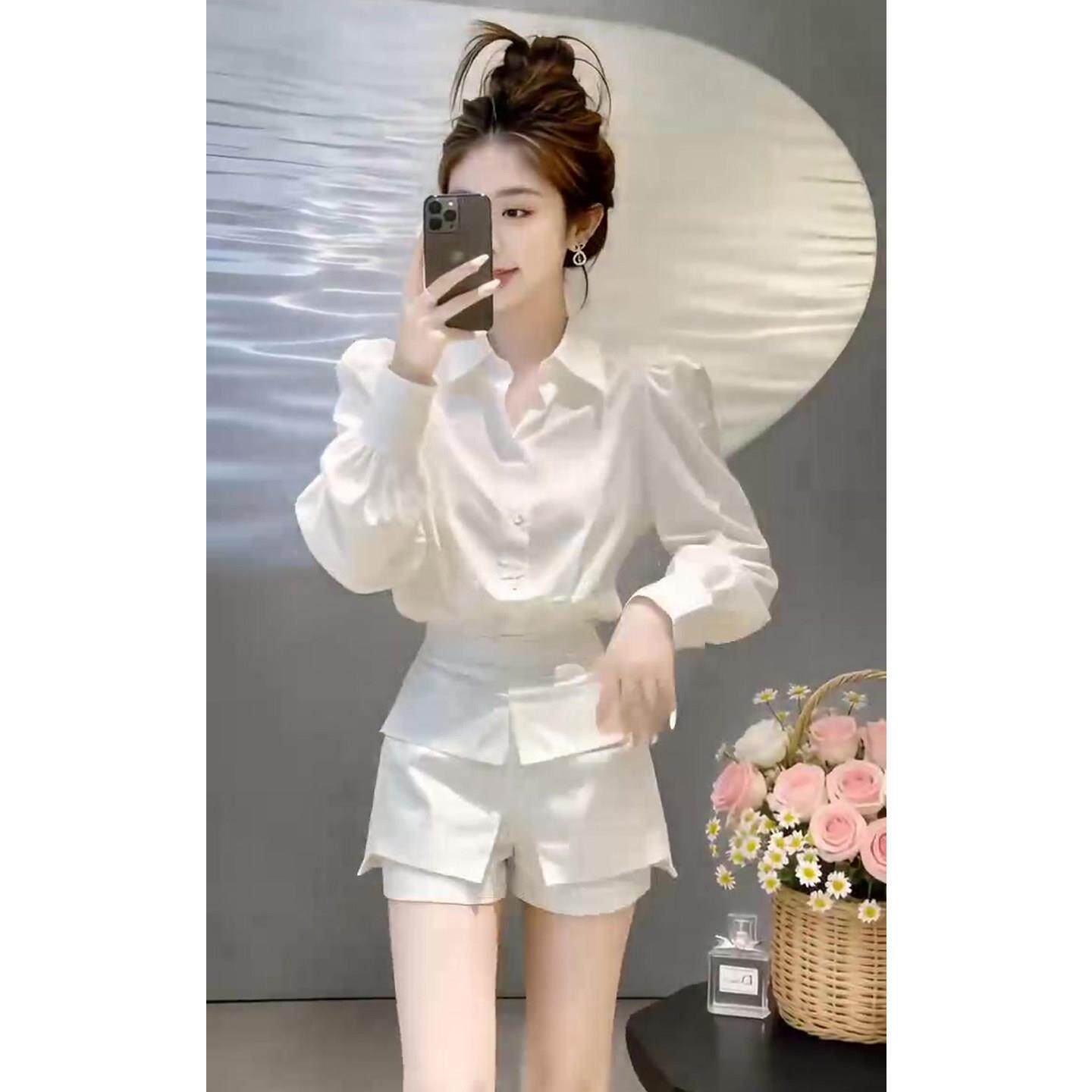 推荐甜美洋气时尚套装女2026春季新款翻领长袖白衬衫+拼接短裤两