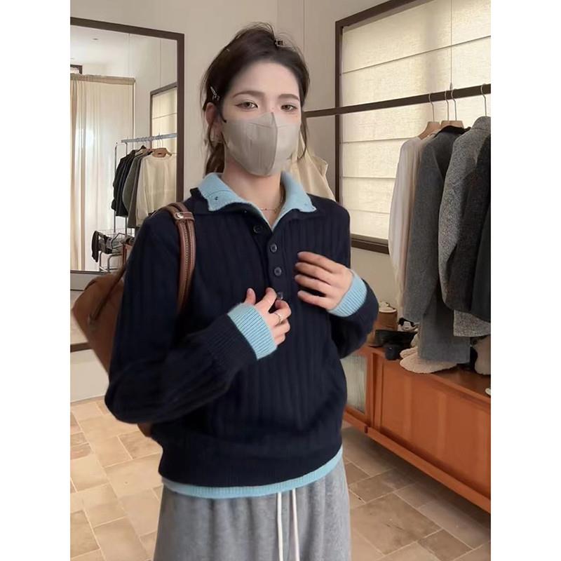 推荐韩系高级感藏蓝色翻领