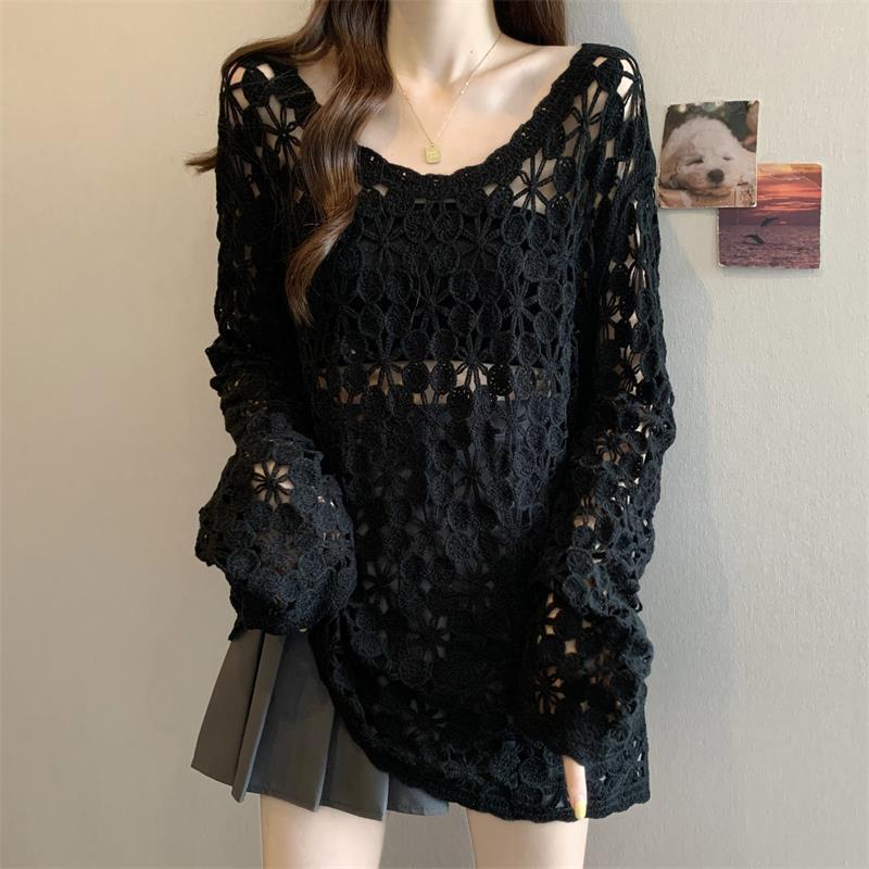 推荐法式钩花镂空长袖针织