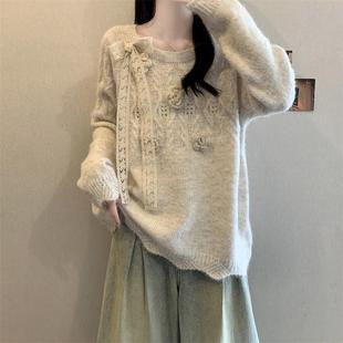 新品红色立体花朵毛衣女春秋大码胖mm设计感蕾丝蝴蝶结上衣打底针