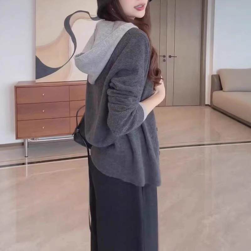 推荐慵懒风假两件连帽针织开衫女秋2026大码灰色纽扣毛衣百搭洋气