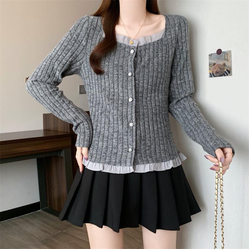 推荐大码复古方领长袖针织