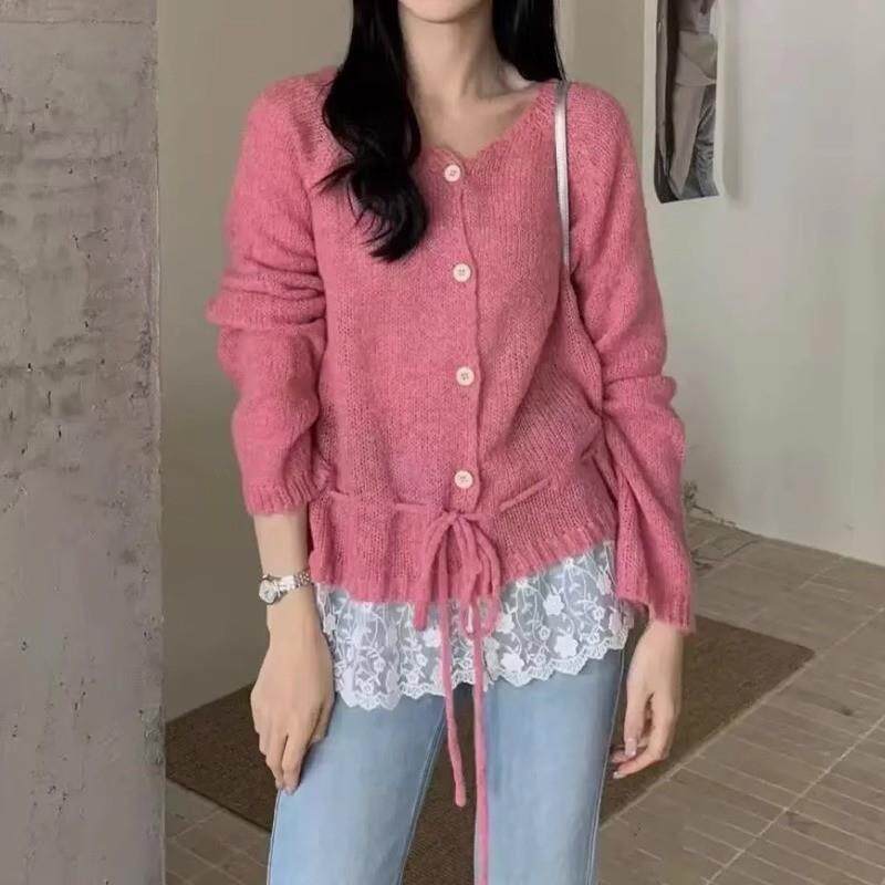 新品韩系甜美马海毛针织开衫女2025春季气质减龄蕾丝拼接薄款毛衣