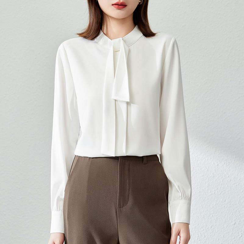 新品蝴蝶结长袖职业醋酸缎