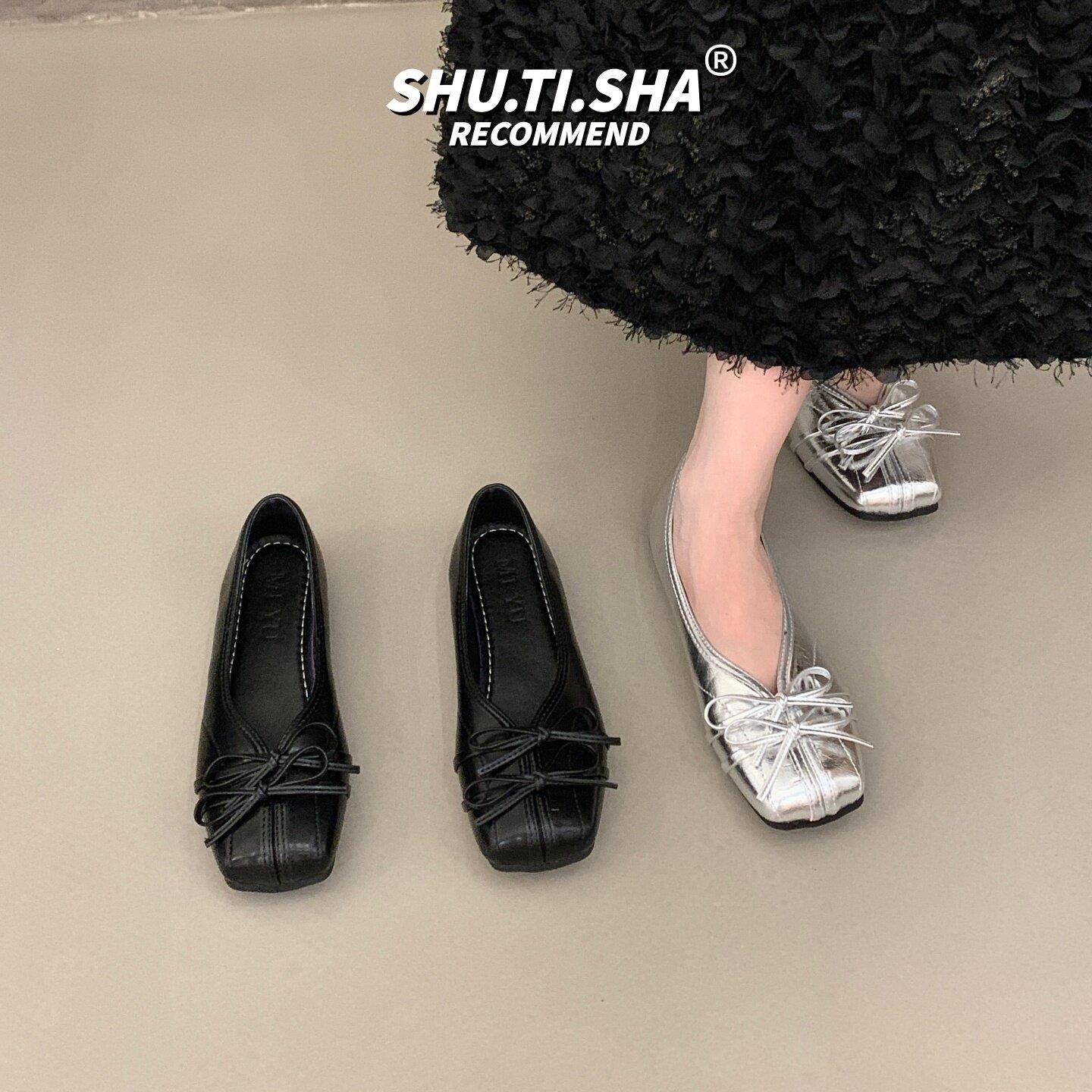 推荐法式蝴蝶结银色浅口单鞋女2026新款夏季平底方头芭蕾舞鞋子小