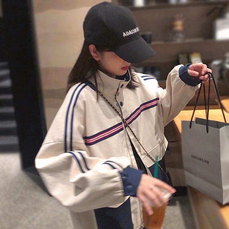 推荐撞色风衣外套女春秋2026欧货复古短款夹克加厚美式工装运动棒