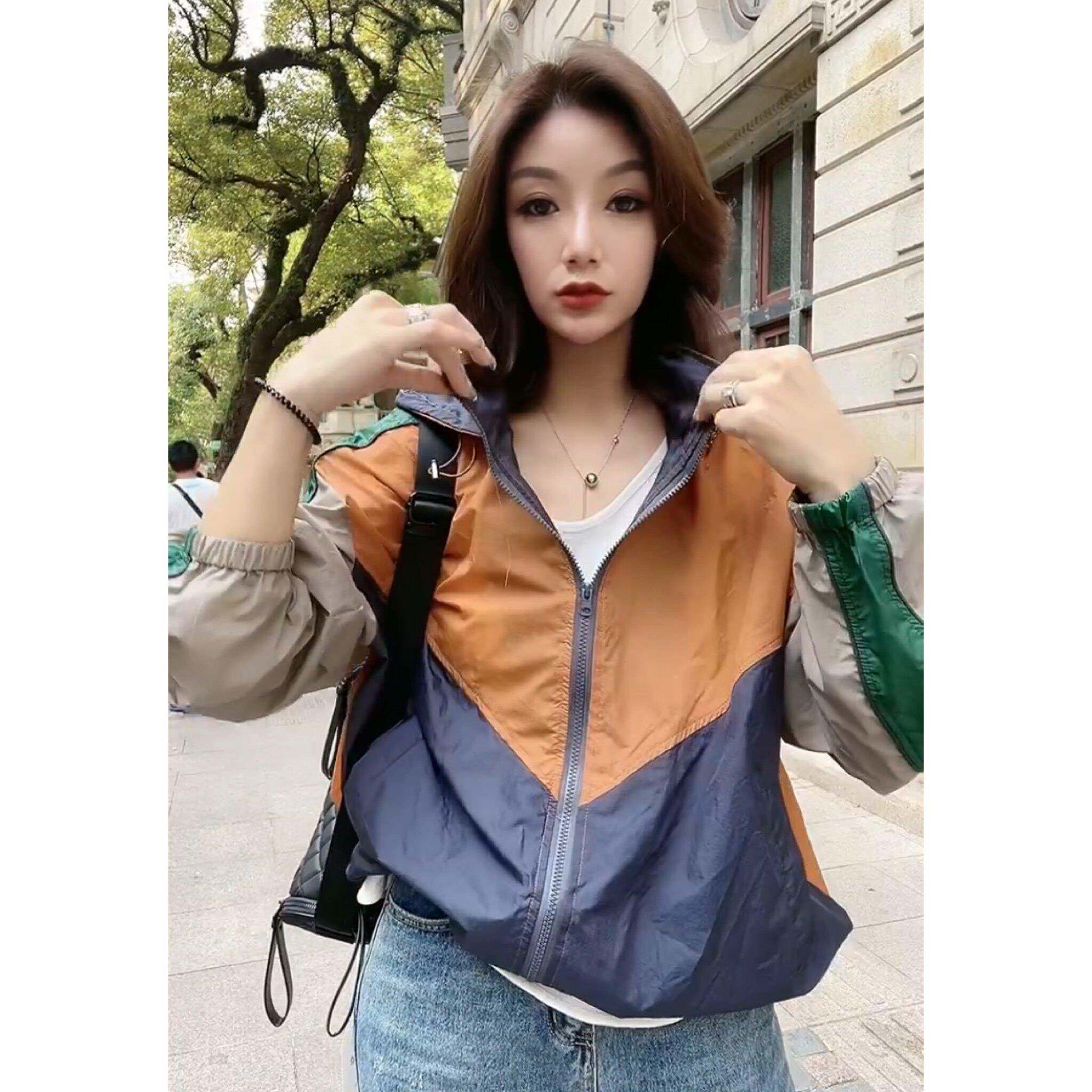 推荐轻薄款冲锋衣外套女秋季欧货撞色拼接连帽立领开衫防晒棒球服