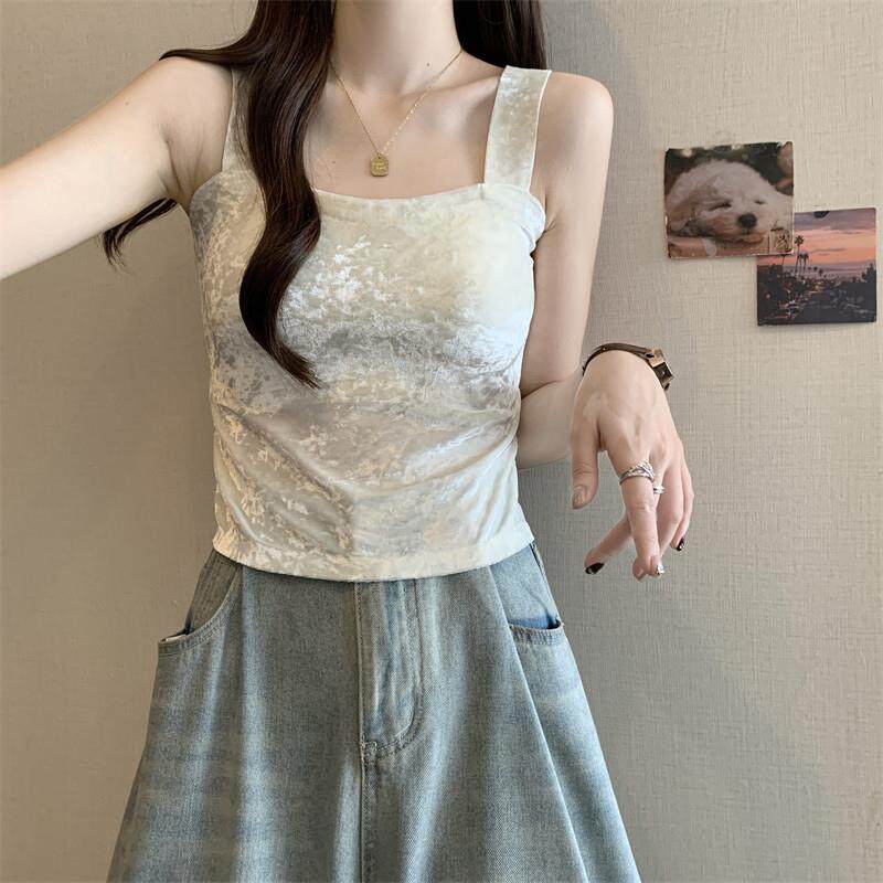 新品高级感黑色金丝绒吊带背心女秋冬大码胖mm带胸垫文胸一体内搭