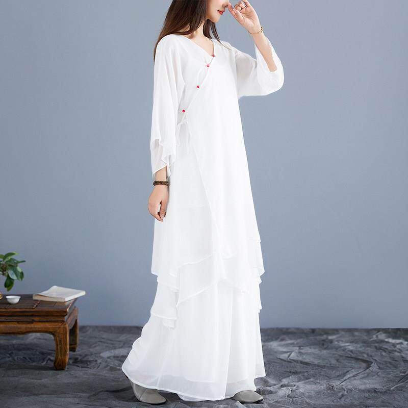 推荐佛系居士服白色仙气雪纺三件套女禅意茶服素衣阔腿裤善舞表演