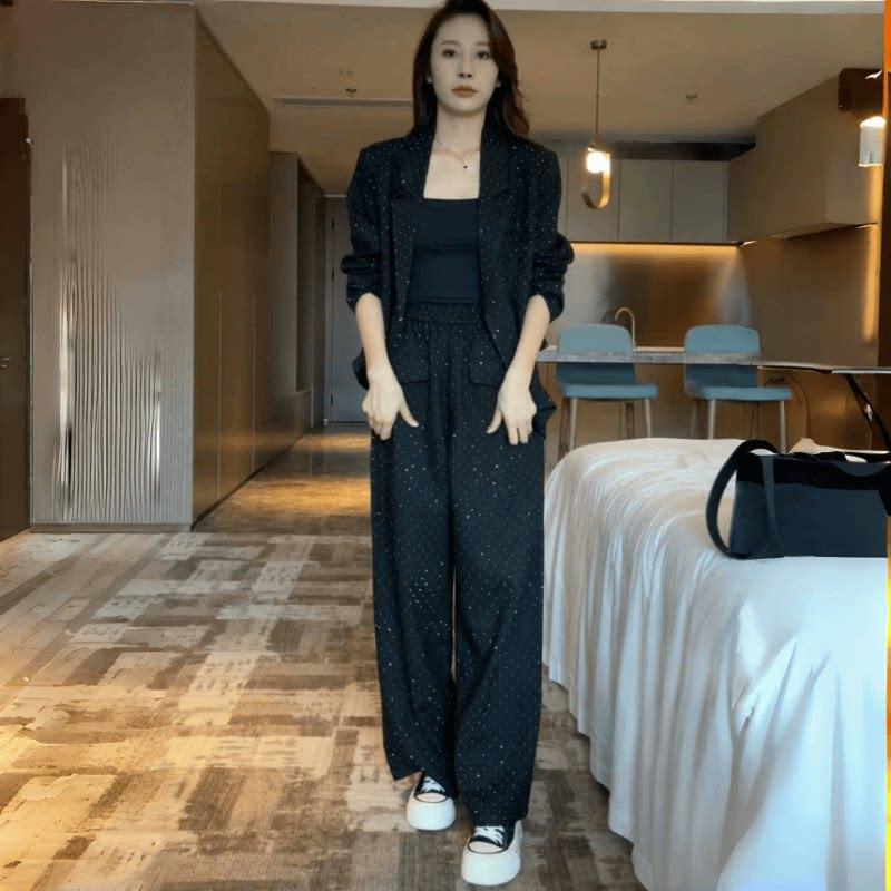 推荐高级感时尚套装女士春秋新款亮钻西装不规则长袖外套阔腿裤两