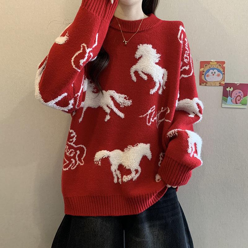 推荐大码中长款立体刺绣本命年红色毛衣秋冬季胖MM宽松遮肉女装针
