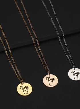 时尚热销欧美一件清凉解暑夏季饮图案不锈钢简约圆牌项链