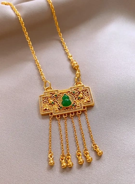 24k真金电镀锆石葫芦方形流苏项链新中式锁骨链小众设计感项饰女