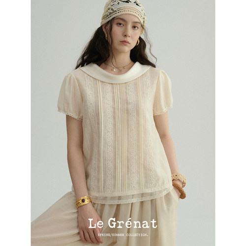 Le Grenat春夏女法式醋纤亚麻混纺荡领短袖蕾丝塔克褶上衣衬衫