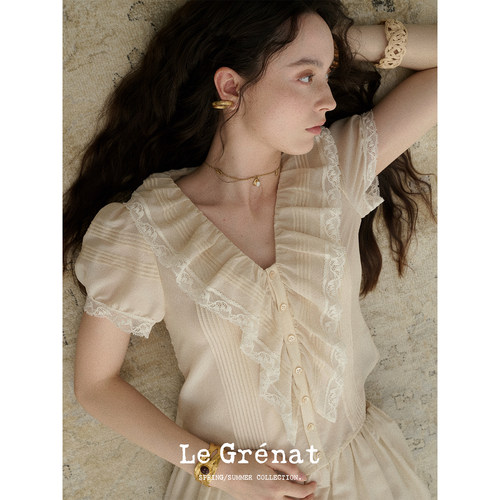 Le Grenat春夏女法式桑蚕丝醋纤混纺蕾丝塔克褶收腰短款短袖衬衫
