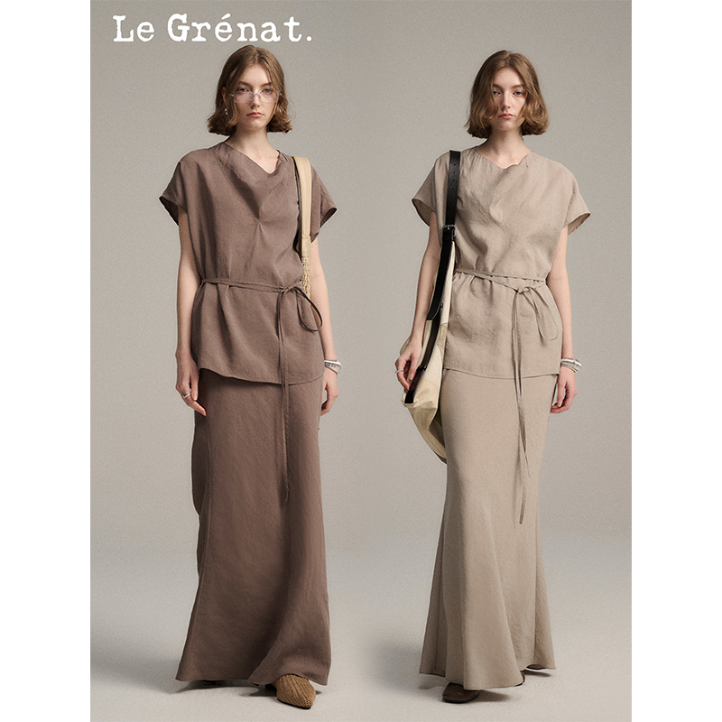Le Grenat夏季新款荡领系腰部带莫代尔短袖上衣+鱼尾裙半身裙女