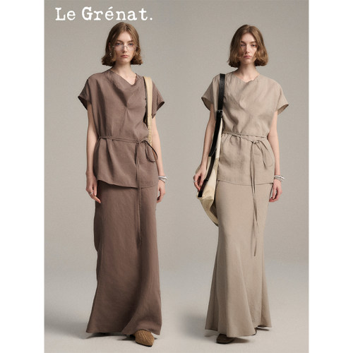 Le Grenat荡领系腰带莫代尔短袖上衣+鱼尾裙