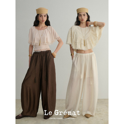 Le Grenat春夏女醋纤混纺松紧腰流苏装饰腰带气球长裤