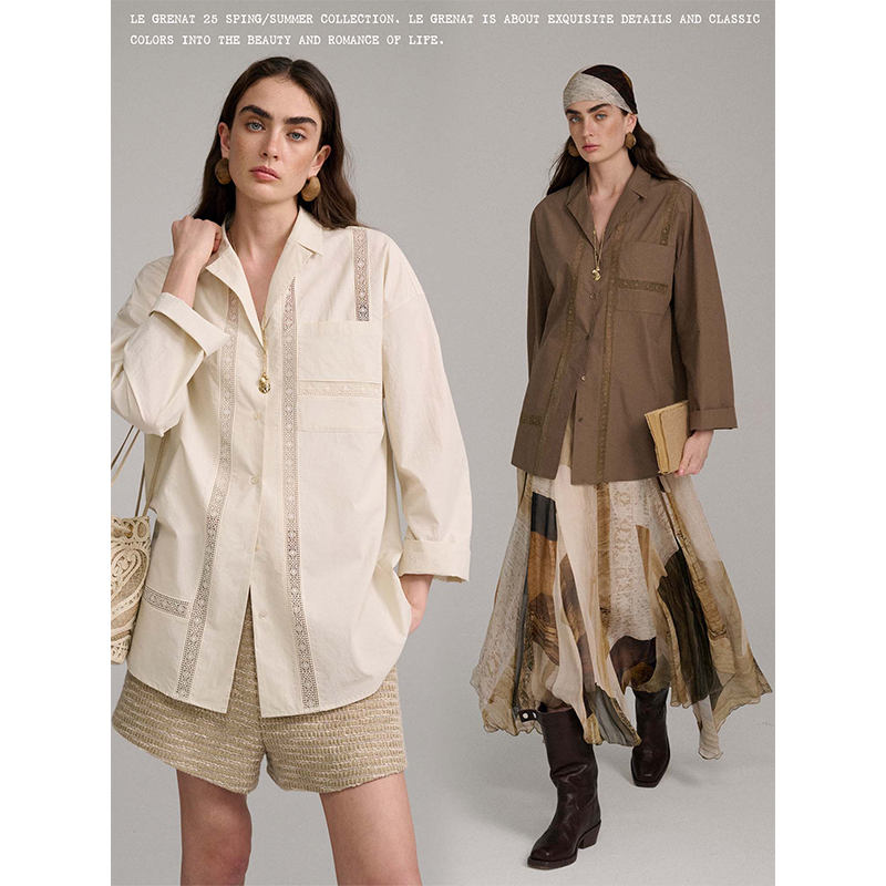 Le Grenat秋季女设计感老钱风蕾丝拼接设计匹马棉翻领古巴领衬衫