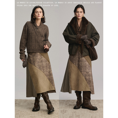 Le Grenat冬季女设计感复古仿麂皮拼接中长款半身裙